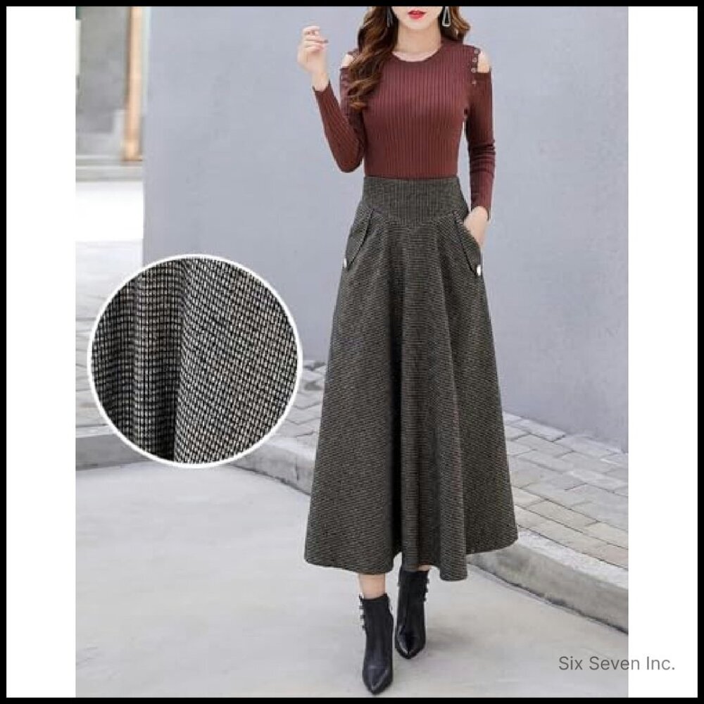 Wool Plaid Mini Skirt High Waisted Bodycon Pencil Skirt Elegant Chic - Picture 6 of 7